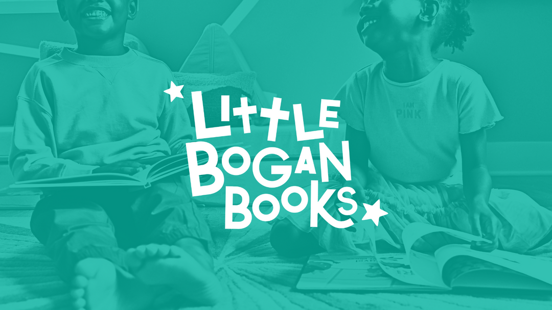 Picture of Black children laughing and reading with the Little Bogan Books logo in the center of the picture
